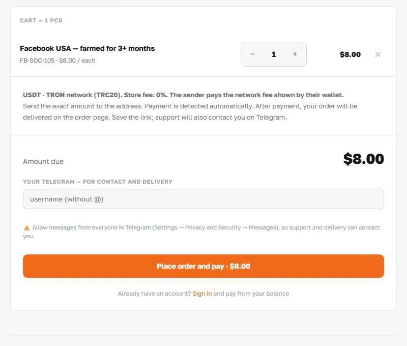 The ViceAccs cart before checkout: quantity, total and payment terms. This screenshot contains no payment address.