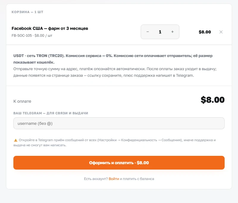 Корзина ViceAccs перед оформлением: количество, сумма и условия оплаты. Скриншот не содержит реквизитов для перевода.