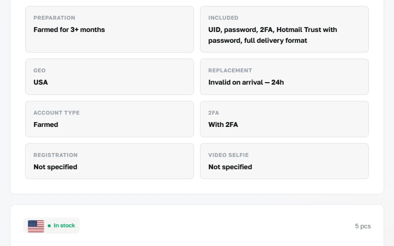 A ViceAccs product page: included data and replacement terms appear next to the description.